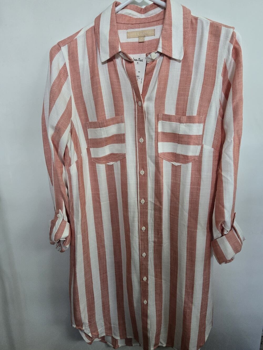 Hope & Harlow NEW Womens 6 Luna Shirt Dress RollTab LS Coral White Stripe